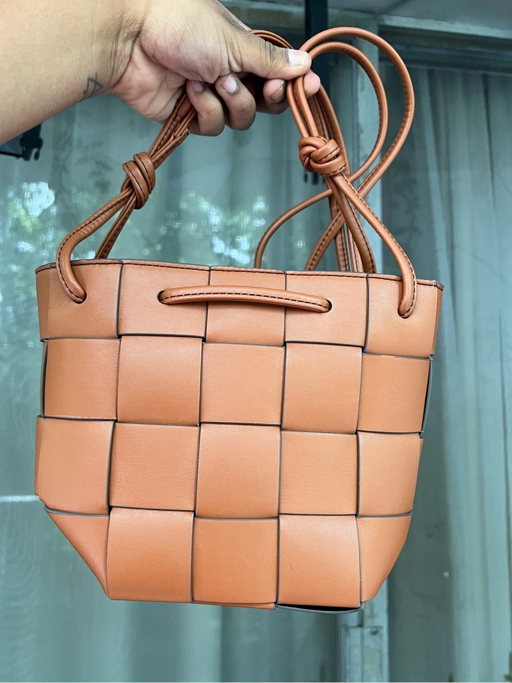Ana Tan Leather Shoulder Bucket Bag